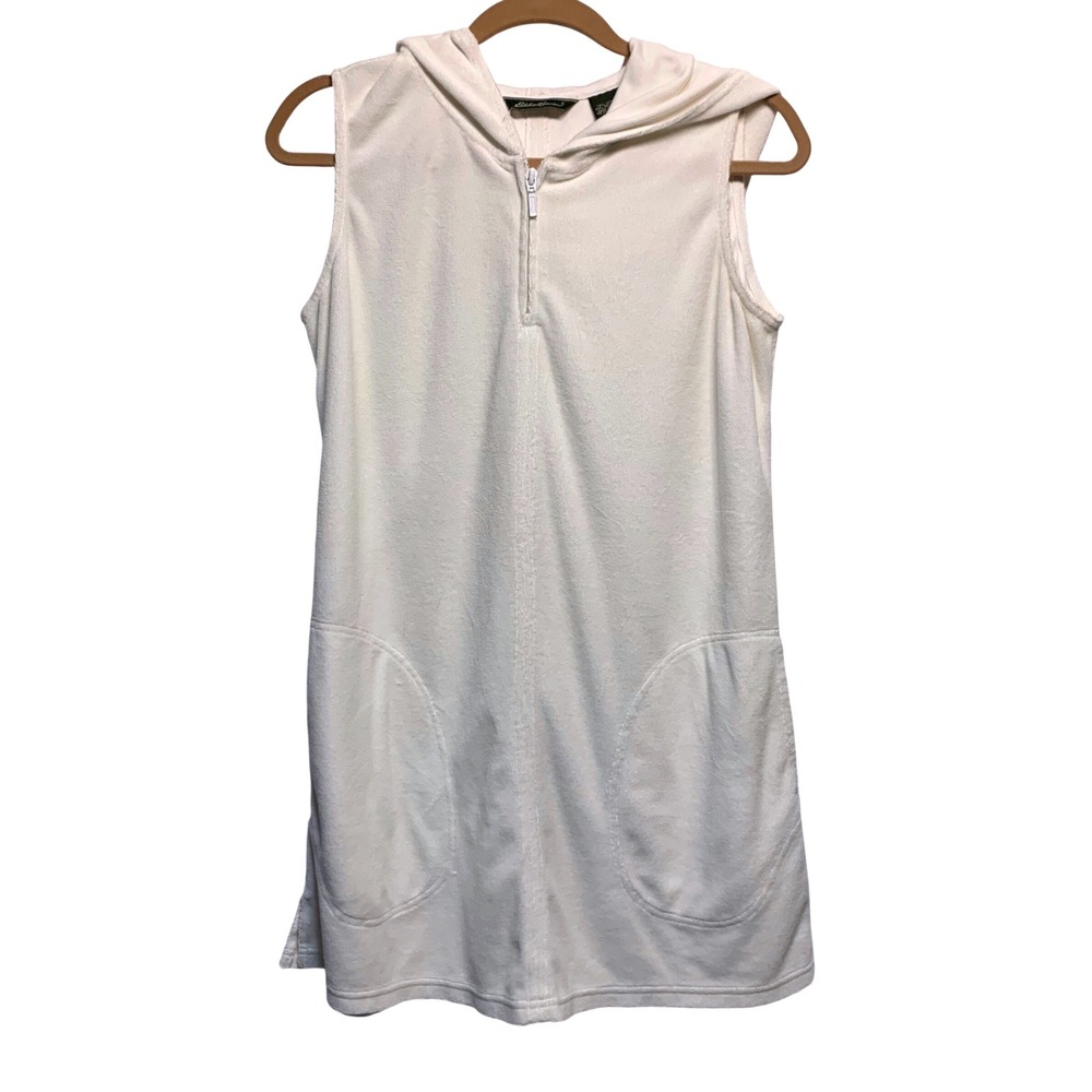 Eddie Bauer Terry Cloth Hooded Cover Up‎ Womens Med White Summer Costal Vacation